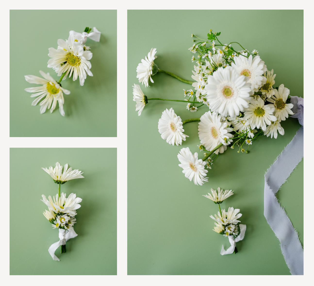 Floral wedding accesories displayed on a green background