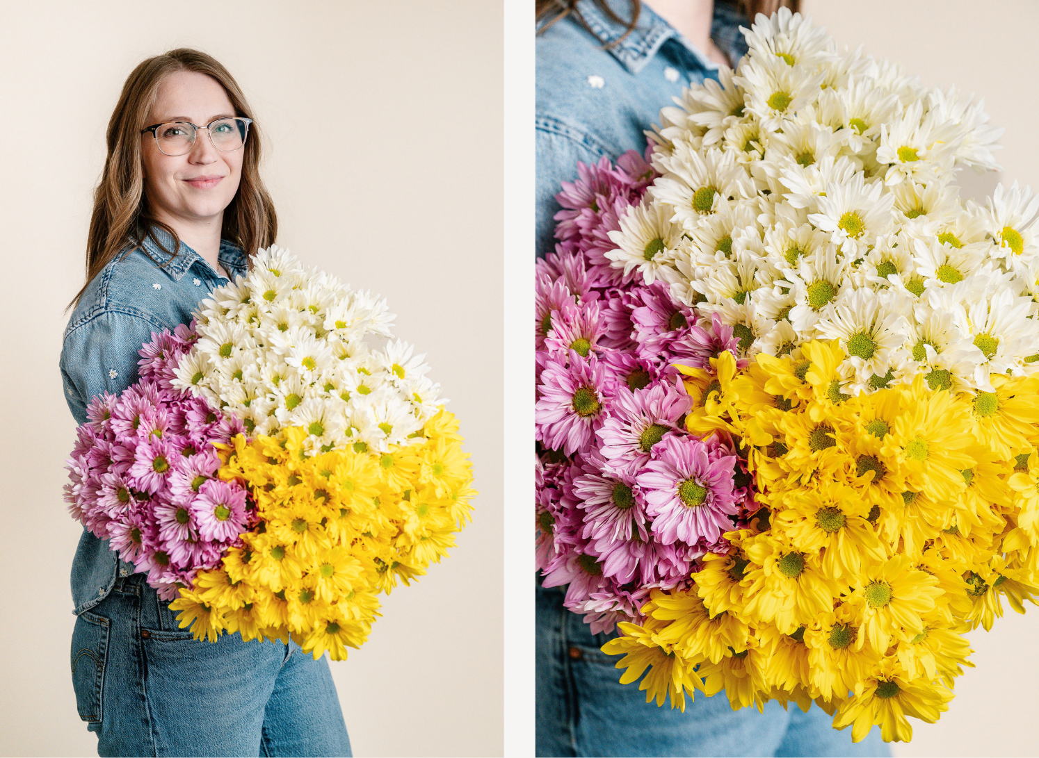 Woman holding a large bouquet of pink and yellow flowers against a plain background