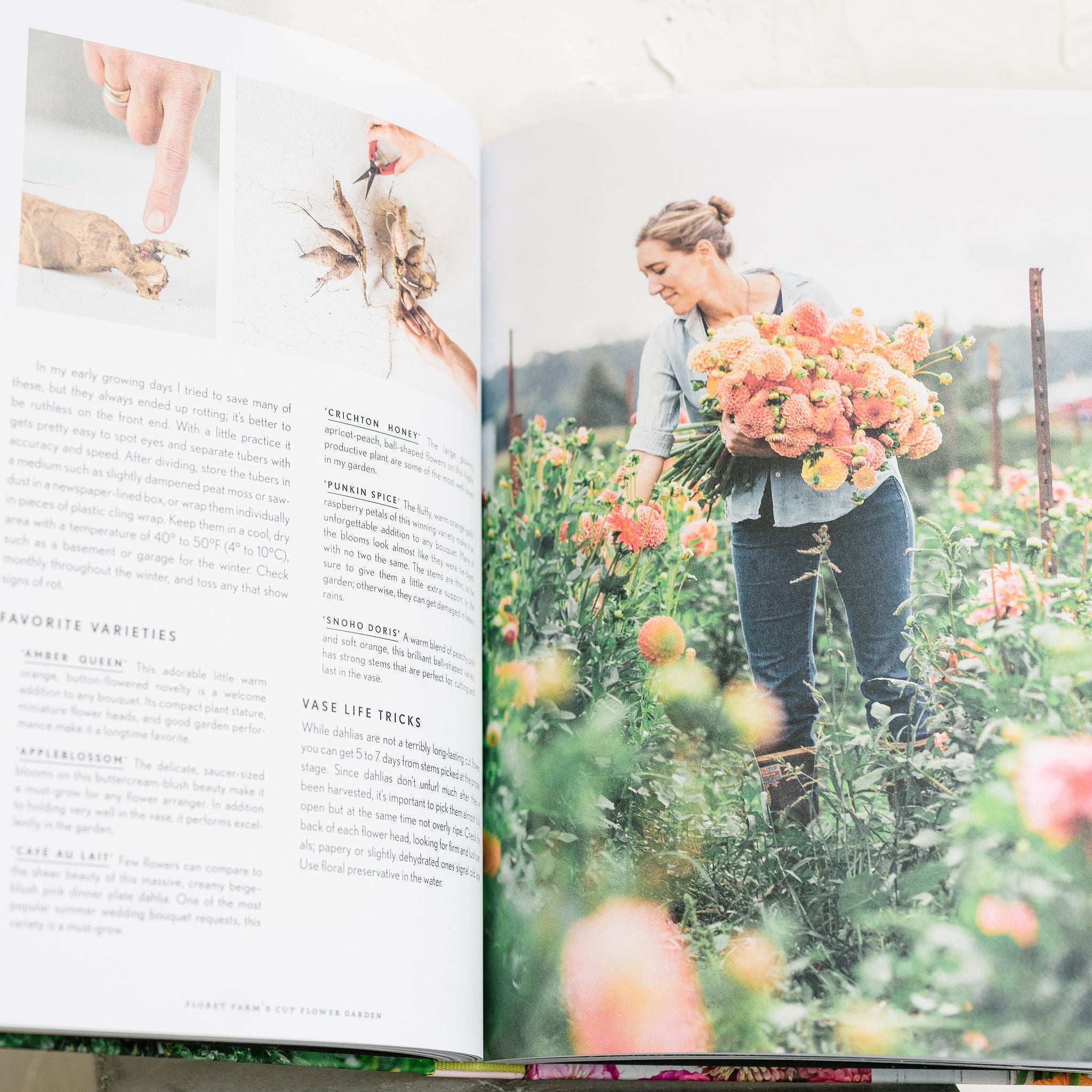 photo of a page inside the book of a woman in a garden holding orange dahlias
