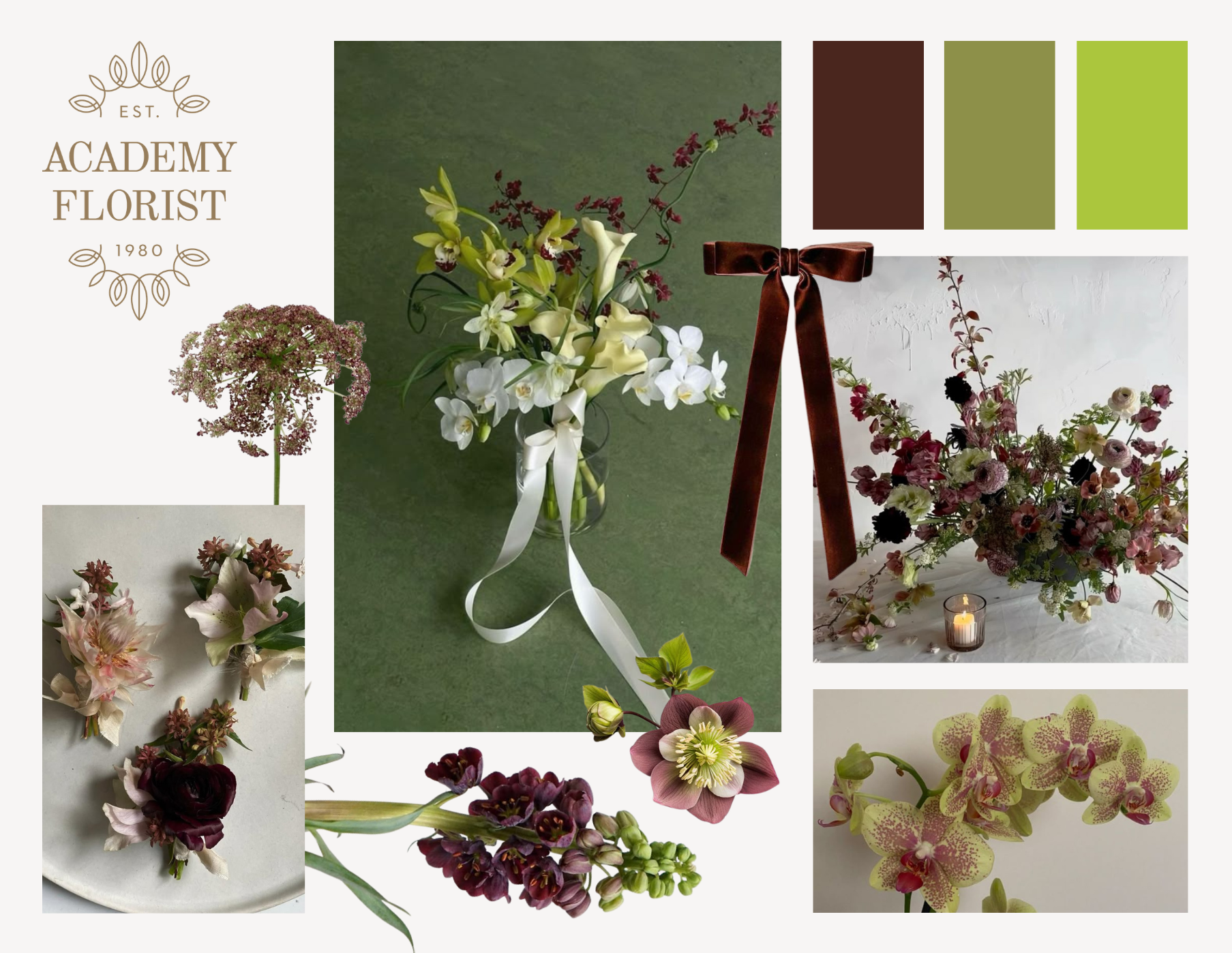 Collage of floral arrangements with Academy Florist logo and color swatches.