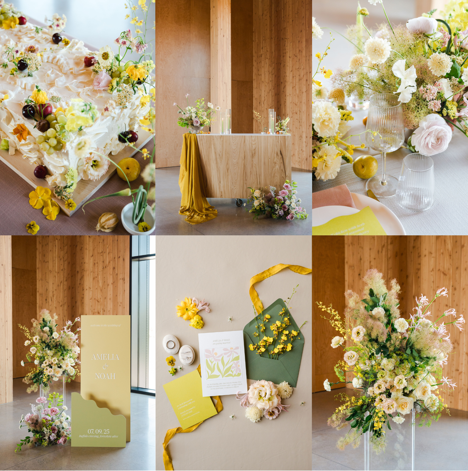 Collage of floral arrangements and decorative items on a wooden surface.