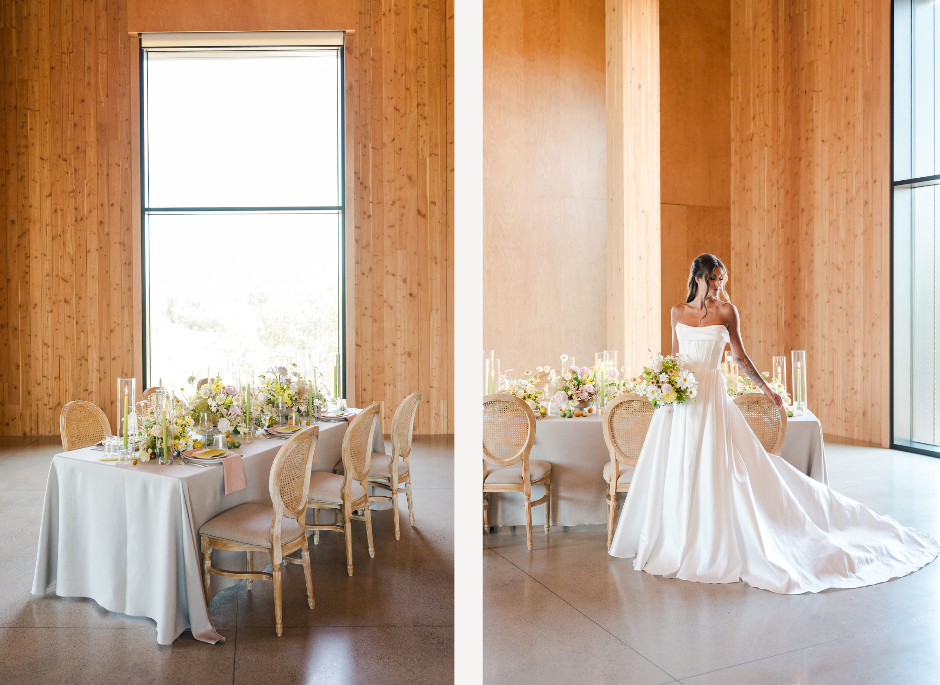 Bride in a white gown standing in a modern room with wooden walls and large windows, next to a table set for a wedding reception.