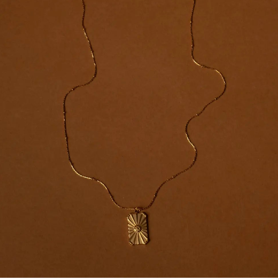 Gold necklace with a pendant on a brown background with 'Hunter &amp; Bare' label.